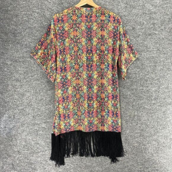 LulaRoe Blouse Women S Small Yellow Geometric 3/4 Sleeve Open Front Long Fringe - Picture 2 of 9